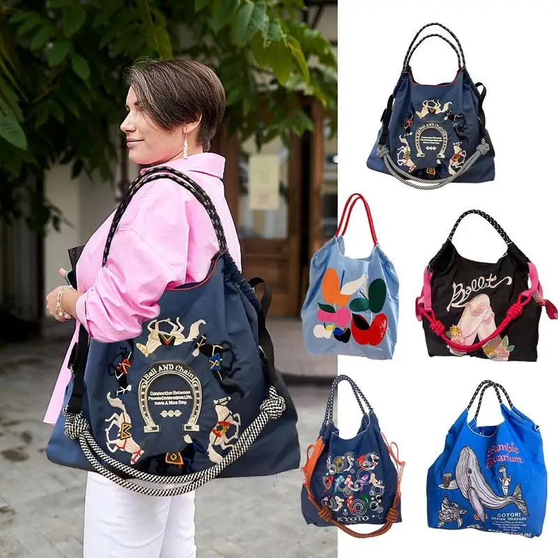 

Reusable Shopping Bags Reusable Women Shoulder Tote Handbag Embroidery Patterns Grocery Storage bag Multipurpose Shopping tote