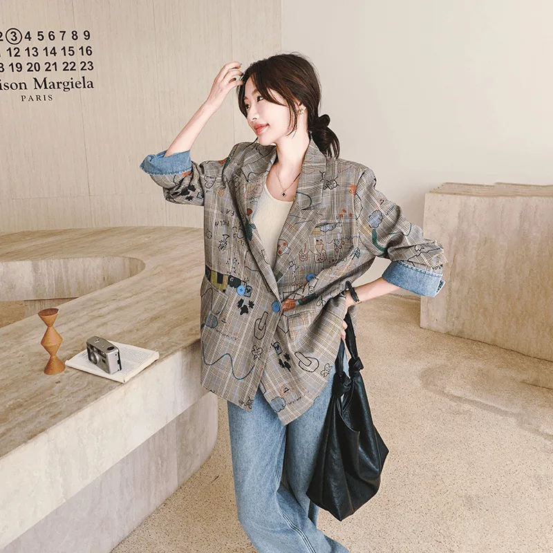 Women Vintage Graffiti Plaid Blazer Oversized Lapel Long Sleeve Double Breasted Loose Fit Art Printed Casual Suit Jacket