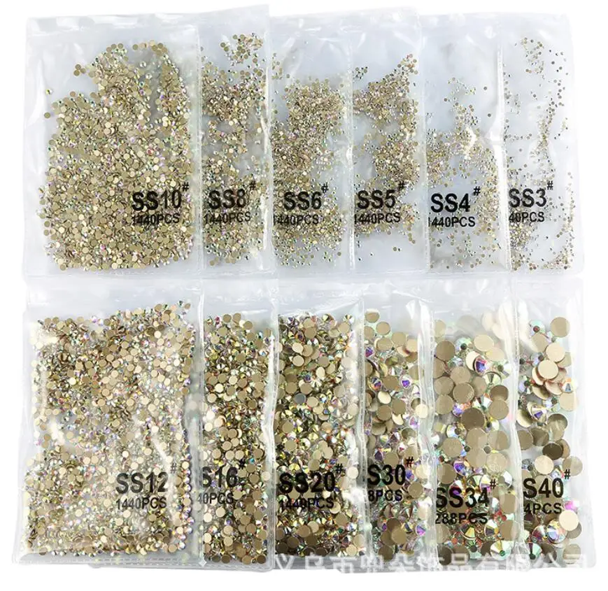 size s2~ss50 Crystal AB/clear Rhinestones Non HotFix Gold Base FlatBack Strass Sewing & Fabric Garment Rhinestone Nail Art Stone