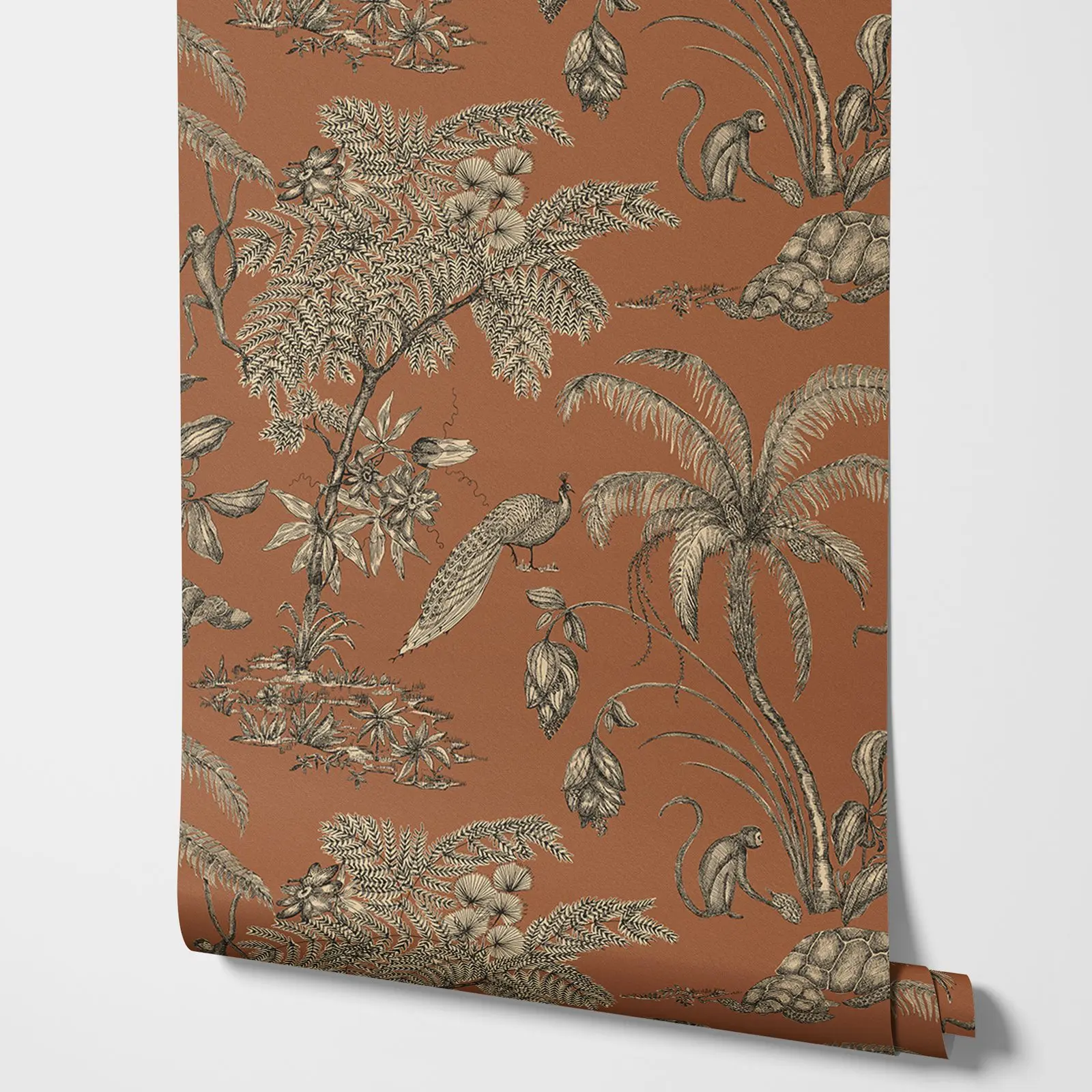 Toile de Jouy Wallpaper with monkey, Peacoark and Palm Trees in Forest, Jungle animal Wall paper with terracotta and beige color