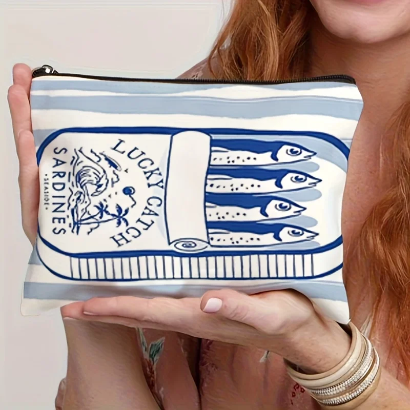 Blue & White Sardines Fishermen Aesthetic Cosmetic Bag - Foldable Lightweight Travel Makeup Organizer With Zipper Closure