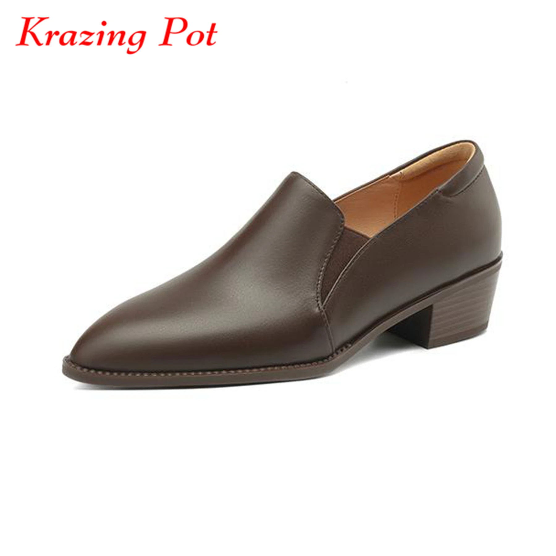 Krazing Pot Full Grain Leather Med Heels Spring Brand Shoes Slip On Vintage Big Size 43 Round Toe Brand Deep Mouth Women Pumps