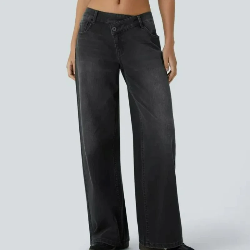 

Новый стиль, модные повседневные универсальные прямые джинсы, осенние однотонные джинсы в корейском стиле на молнии с высокой талией для женщин