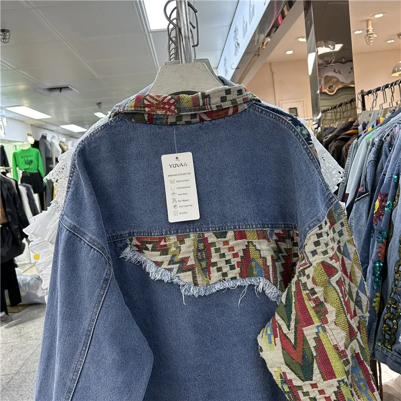 Harajuku Vintage Ethnic Style Pattern Patchwork Blue Denim Jacket Autumn Casual Lapel Long Sleeve Jeans Jacket Chaqueta Mujer