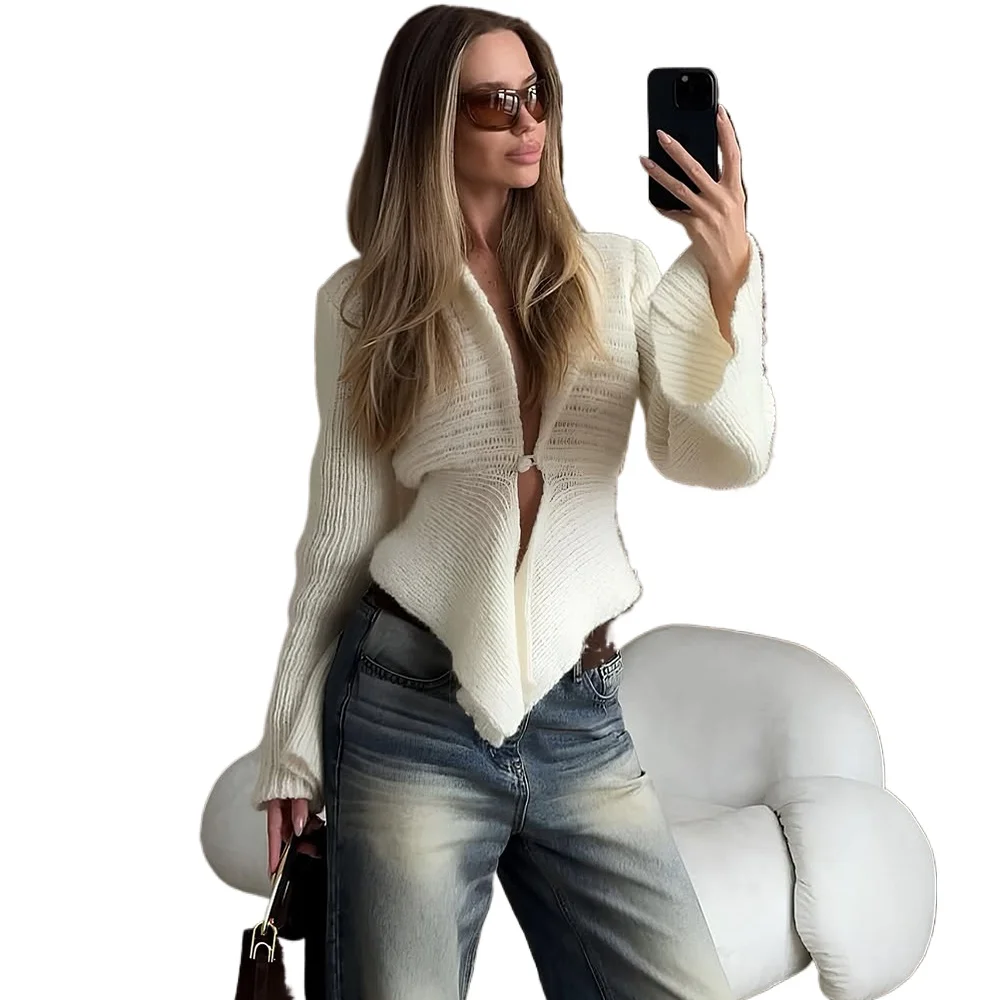 

Women's New Vintage Hollow Out Long-Sleeved Sweater 2025 Casual Streetwear White Knit Top Female Autumn Knit Cardigan