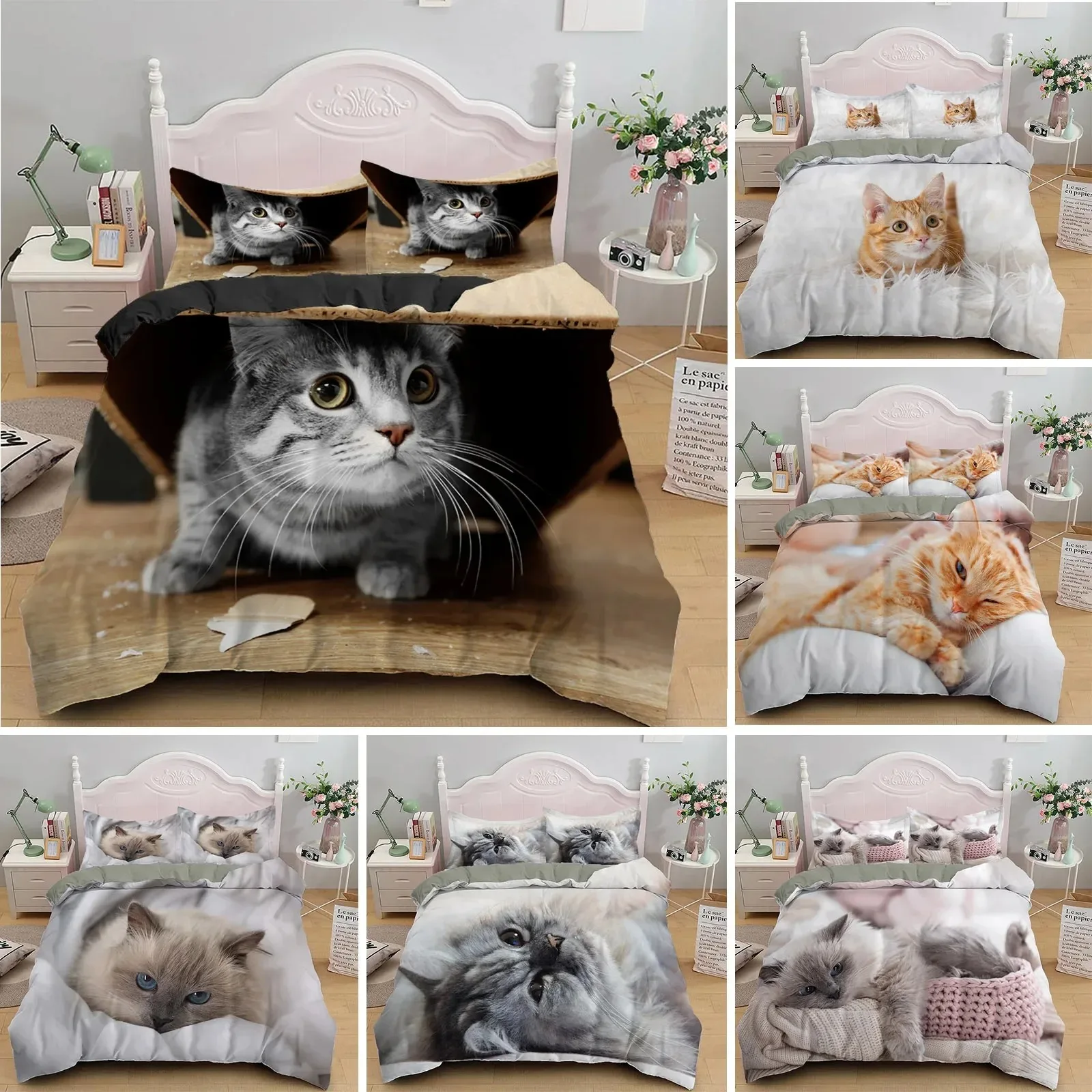 

Cat Duvet Cover Set Lovely Animal Kitten Printed Quilt Cover Kids Teens Girl Animal Double Queen King Size Polyester Bedding Set