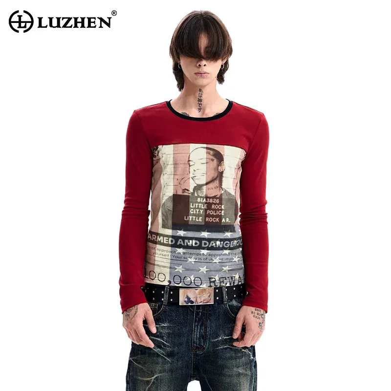 LUZHEN 2026 New American Style Printed Pattern Patchwork Design Long Sleeve T-shirts Men's Fashion Handsome Casual Tops JY8682