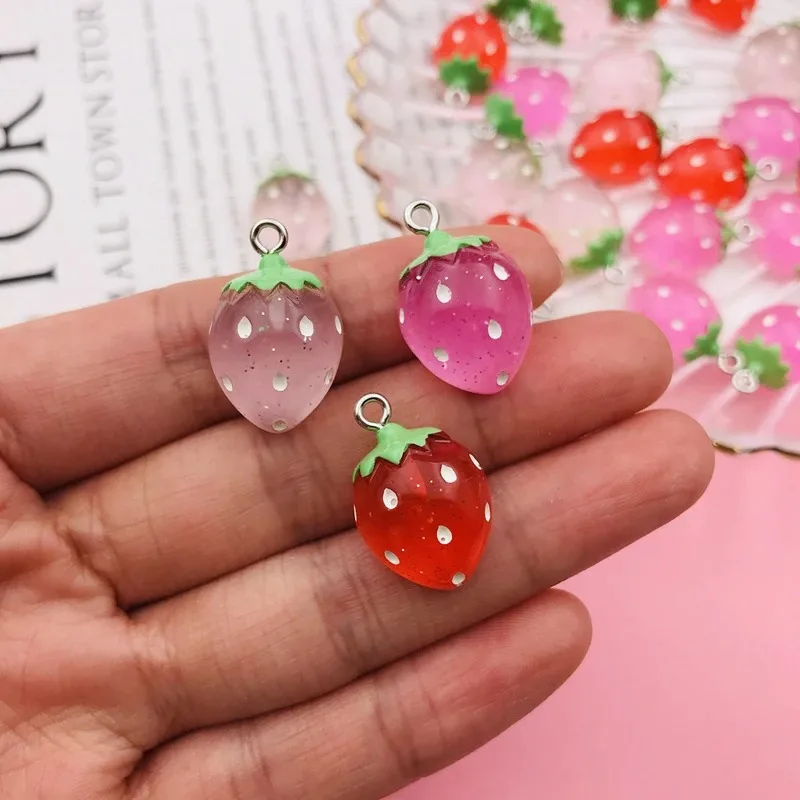 10pcs Hot Selling Resin Kawaii Glitter Strawberry Fruit Charm for Keychain, Earring, Scrapbooking, DIY Making, Necklace