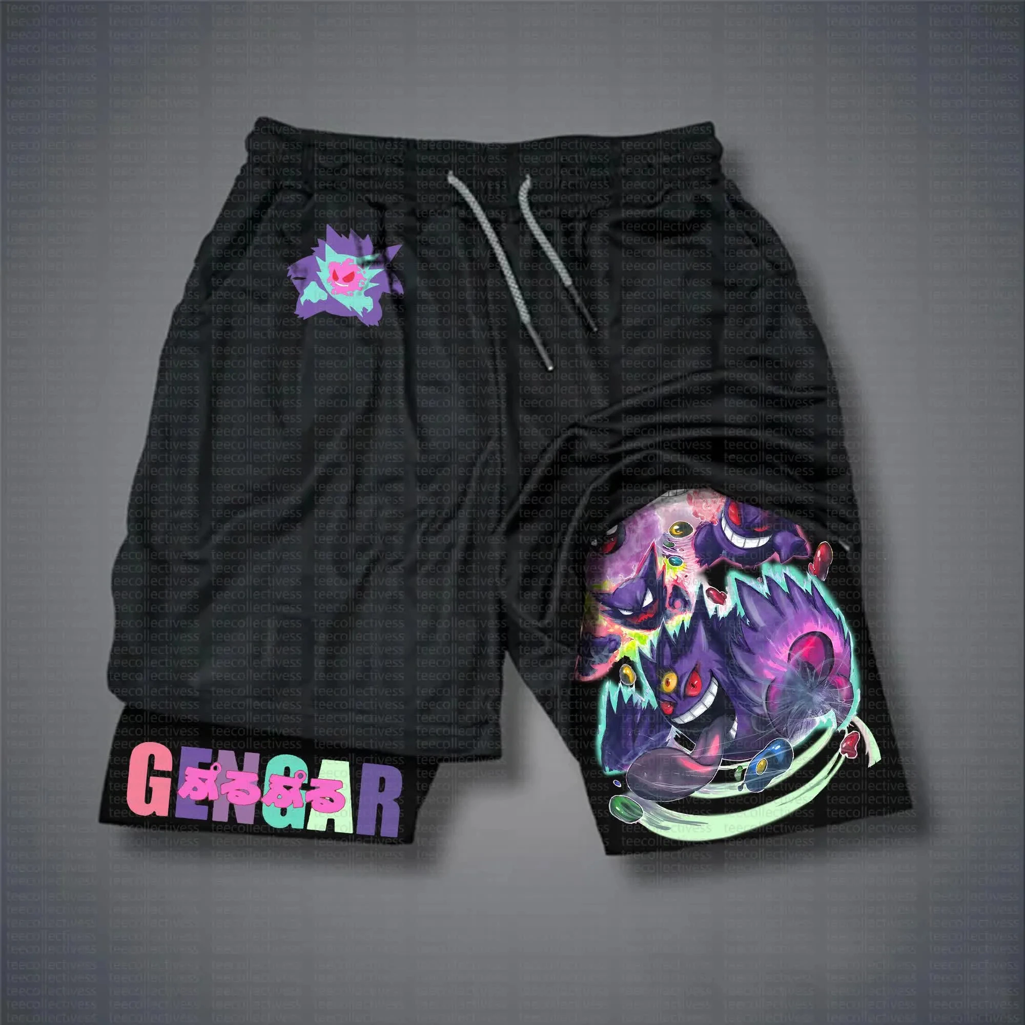 pokemon-gengar-shorts-masculino-algodao-calcas-esportivas-2025-verao-grafico-bottoms-base-preta-grande-gengar-personagem-cor-roxa
