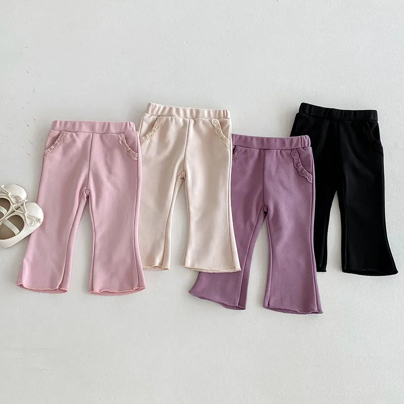 

MILANCEL New Autumn Baby Girls Bell-bottoms Toddler Cute Solid Color Lace Trousers Infant Thin Style Pants