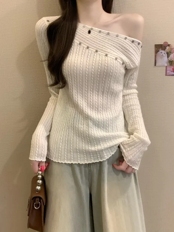 Korean Style Long Sleeve Knitted Base Shirt Women's Autumn New Slim Fit Shoulder Bared Button up Top Comfortable Breathable