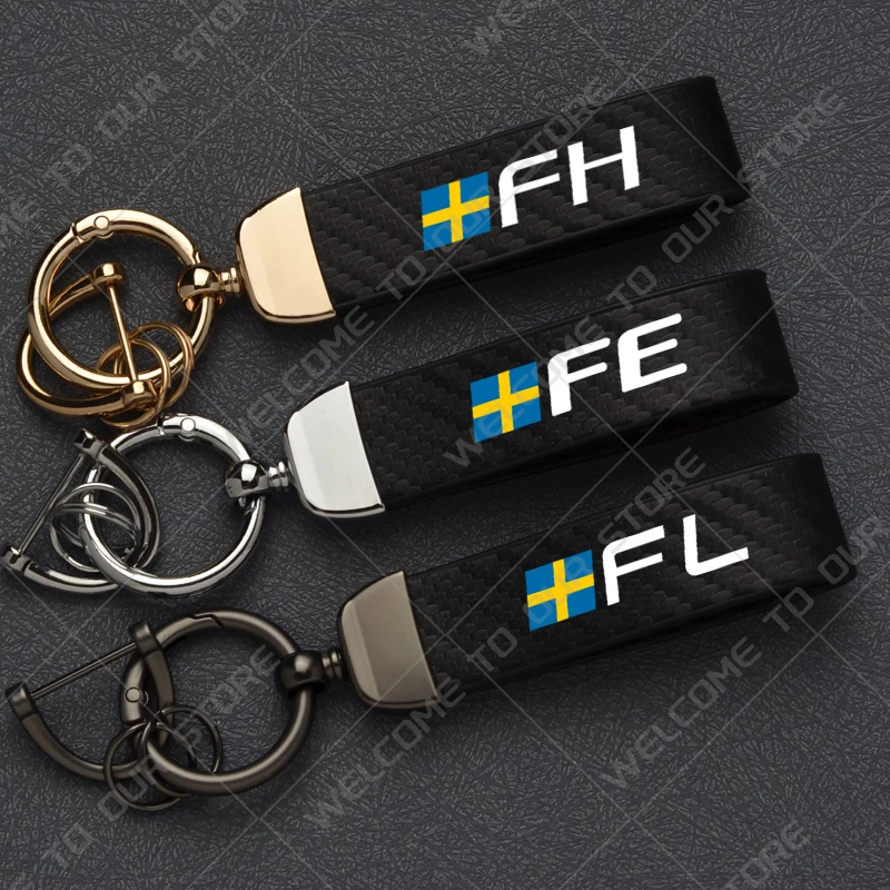 1 Uds. Para camión Volvo FH FE FL logotipo de la bandera sueca FH13 FL10 llavero de estilo de fibra de carbono llavero de coche llavero de aleación de Zinc Decoratio