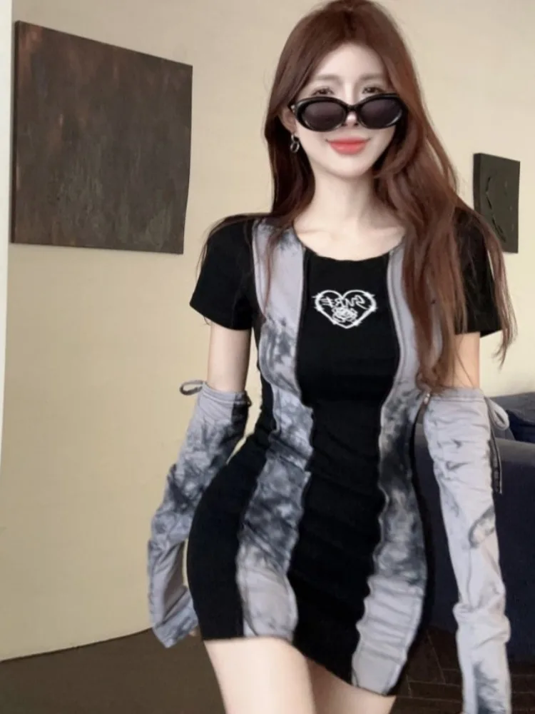 

Early Autumn Hong Kong Style Cool Spicy Short Skirt Women's Sleeveless Bodycon Dress with Print Splice High Waist Commute Simple