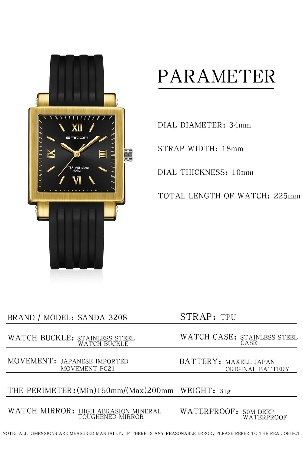 Sanda 3208 Nuovo orologio al quarzo Orologio elettronico da uomo e da donna al quarzo impermeabile alla moda quadrata coreana