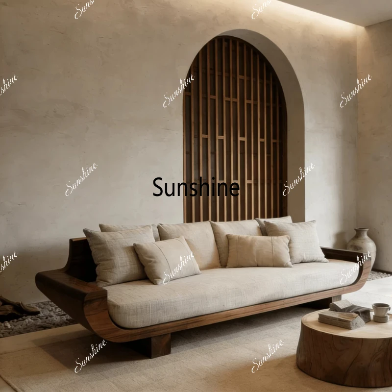 

New Chinese-style wabi style, solid wood sofa living room, classic retro light luxury and comfortable furniture