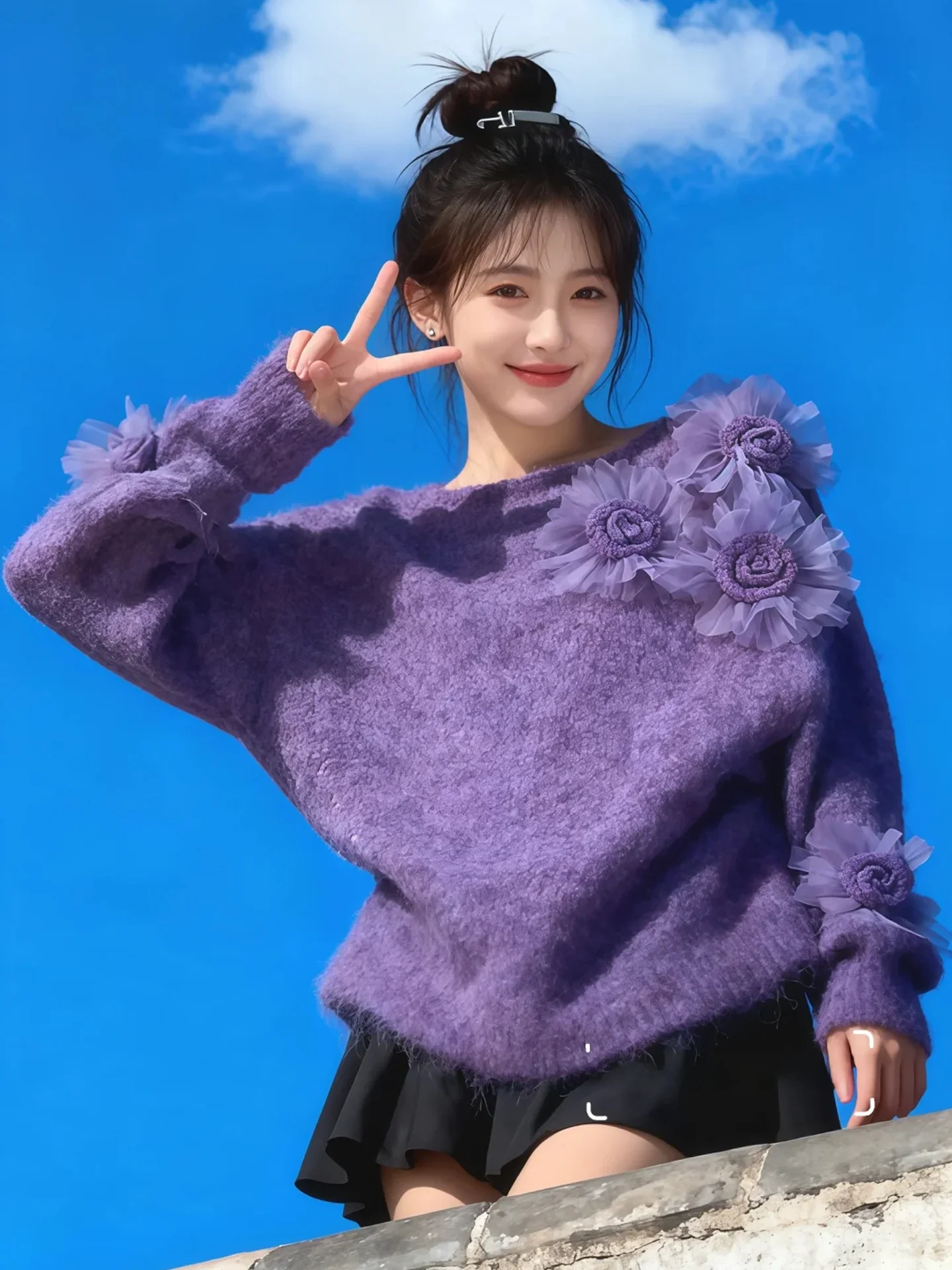 

Свободный женский вязаный свитер с фиолетовым цветочным дизайном, зимняя мода, повседневный удобный уникальный красивый вязаный топ