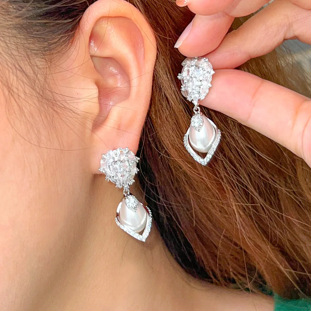 CWWZircons Handmade Noble Gorgeous Cubic Zircon Stone Fancy Pearl Drop Earrings for Women Engagement Wedding Party Jewelry CZ476