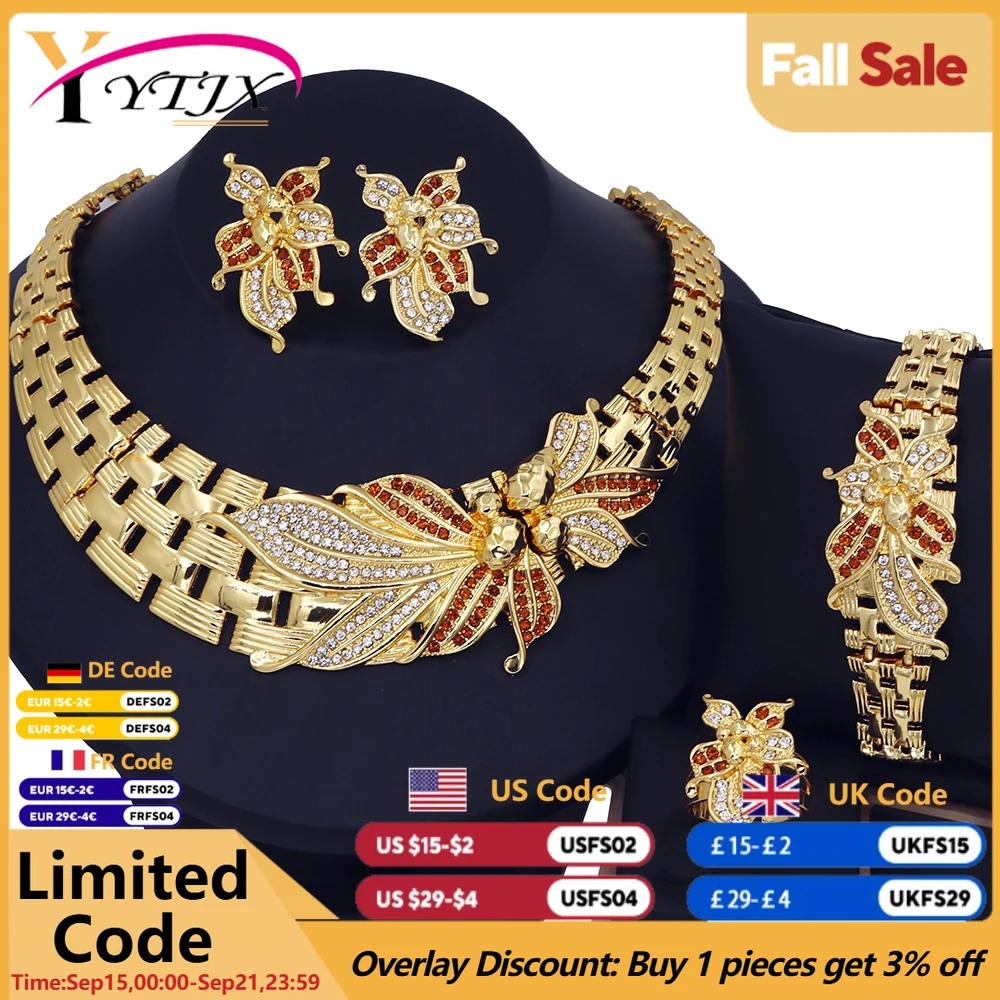 

YTJX Wedding Jewelry Set Africal Big Flower Choker Necklace Fine Zircon Bracelet Piercing Earring Ring 18K Gold Plated Jewellery