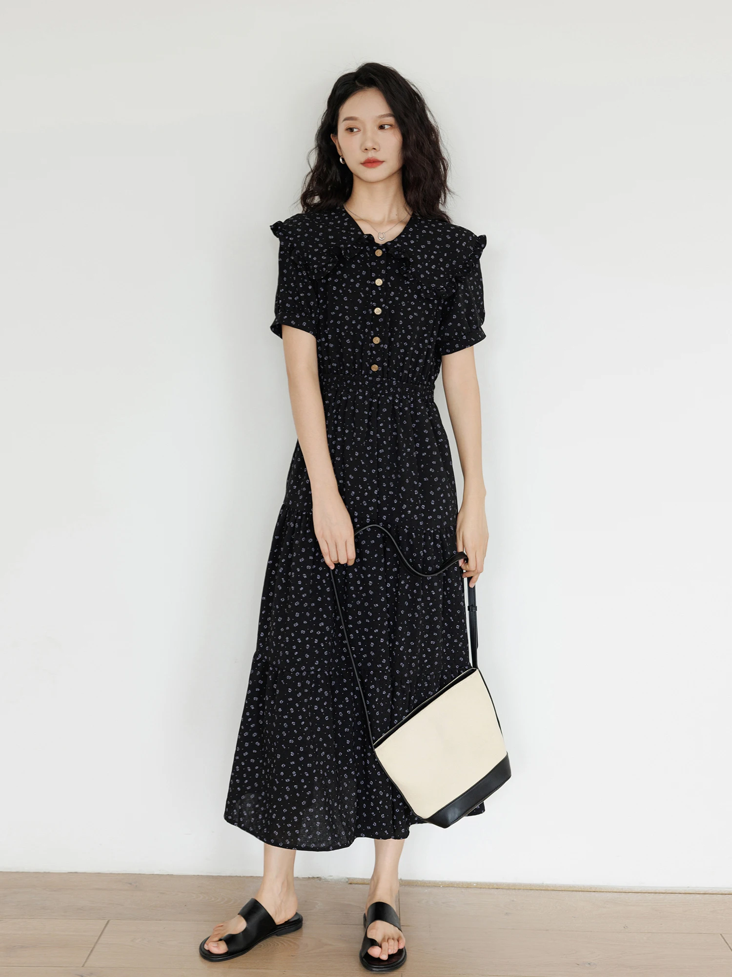 

Vastand Summer Design Women's Dr ort Sve Floral Print Midi A-Line Skirt Casual Sle V-Ne Loose Fit Single Button