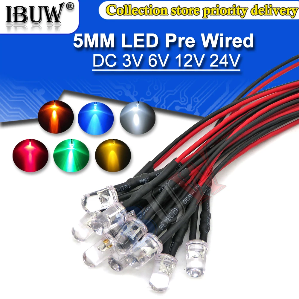 10PCS DC 3V 6V 12V 24V Pre Wired 5mm LED Light Lamp Bulb Prewired Emitting Diodes Transparent Yellow Blue Green White Red Orange