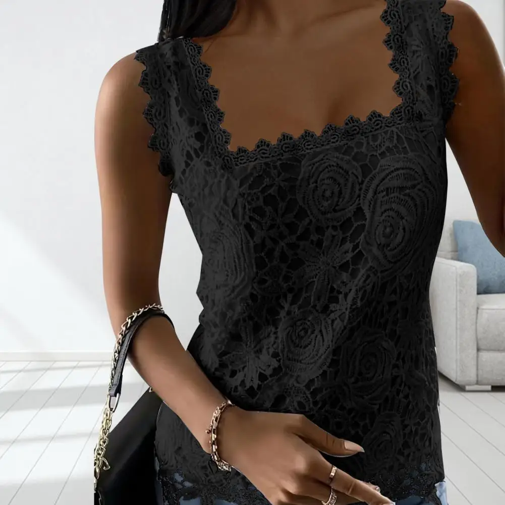 

Summer Vest Square Collar Sleeveless T-Shirts Women Lace Tank Top Embroidery Lace Floral Vest Solid Color Thin Tops топ женский