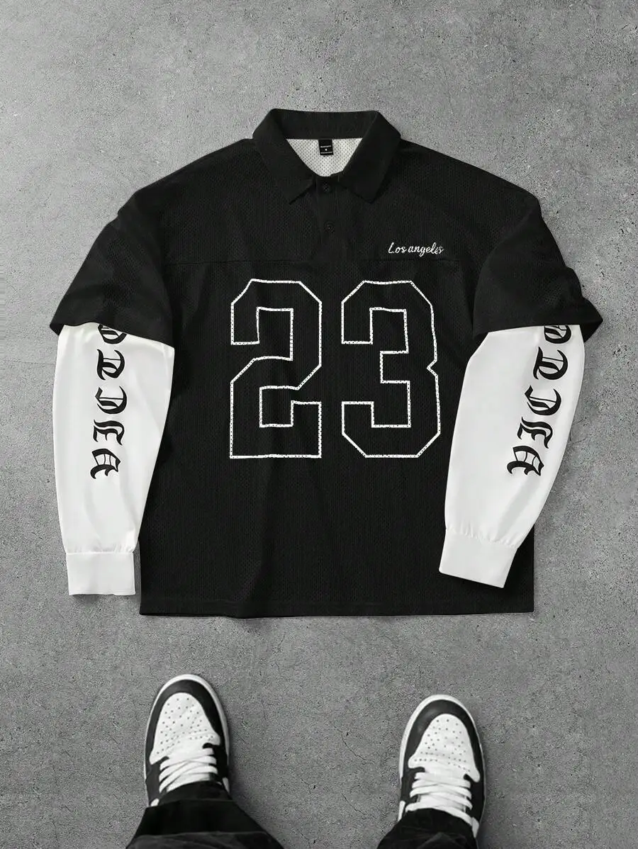 

Men's Black Mesh Long Sleeve Polo Shirt with Numeric Graphic and Contrast Sleeves
