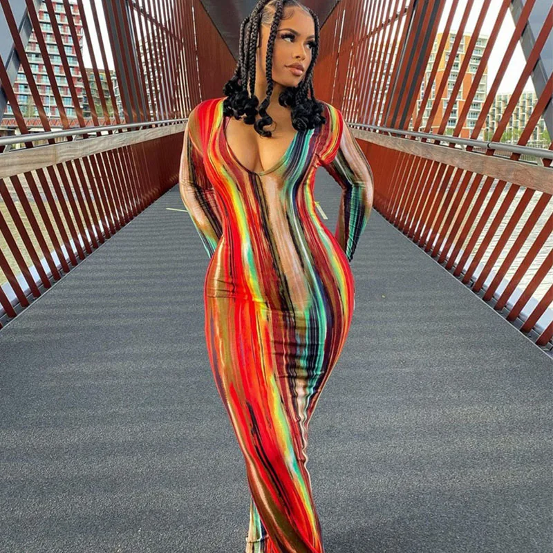 

Fashion Long Sleeve Dress Women Tie Dye Print Maxi Dress Stripe Sexy V-Neck Bodycon Dresses For Woman Clothes Vestido De Festa