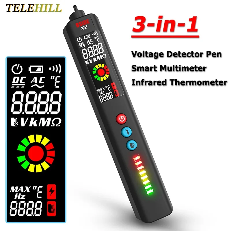 X2 Tester napięcia 3 w 1 Multimetr cyfrowy Bezdotykowy wyświetlacz LCD Detektor przewodów pod napięciem NCV Miernik ciągłości Inteligentny długopis