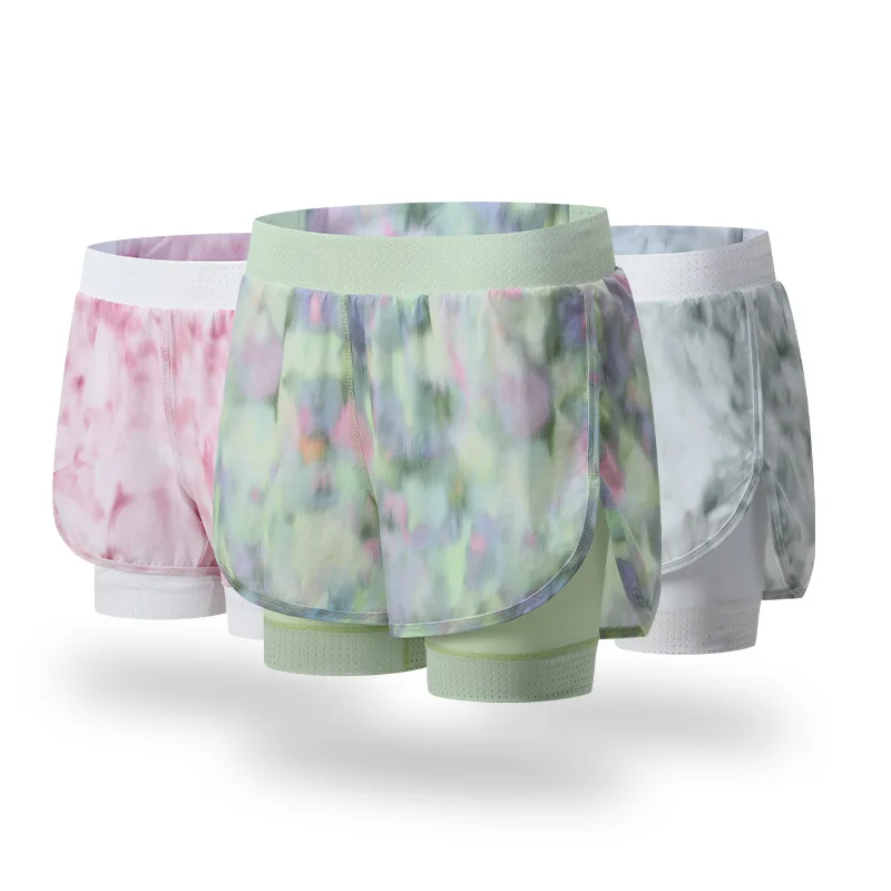2 in 1 Women Summer Quick-Dry Sport Running Shorts Gym Breathable High waist Shorts with Zipper Back Pocket Elastic waist