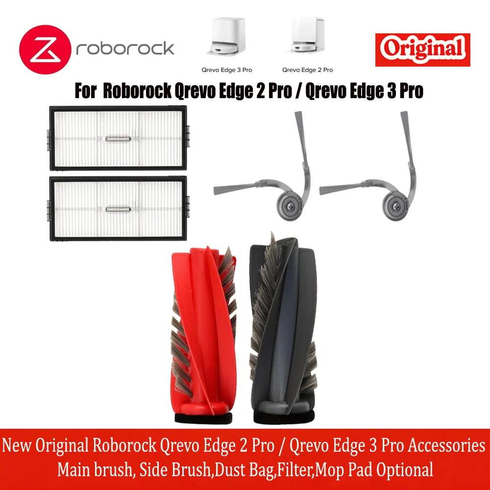 Nieuwe, originele accessoires voor de Roborock Qrevo Edge 2 Pro / Qrevo Edge 3 Pro: hoofdborstel, zijborstel, stofzak, filter, optionele dweilpad.