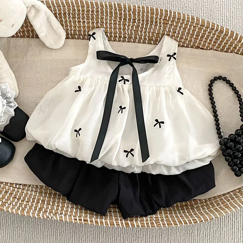 2025 New Summer 0-5Yrs Kids Clothes Set Sleeveless Cotton Embroidery Vest Solid Color Shorts Baby Girl Clothes Suit