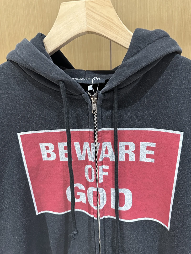 

Project GR Red Box Logo BEWAREOFGOD Print Zipper Hoodie Jacket Men Women Retro Washed Sweatshirts Cap Embroidery Label Pullover