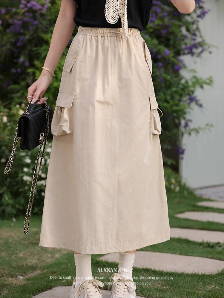 ALXNAN Women's Skirt Apricot Elegant Loose-fit A-line Workwear Skirt 2025 Summer Casual Office Lady with Pocket Clothing L55718