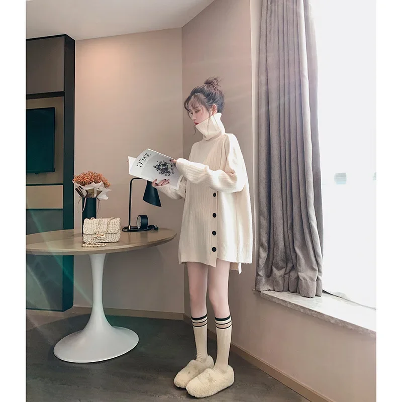 

Solid Turtleneck Sweater Women Irregular Button Knitted Pullovers Korean Oversized Knitwear Winter Casual All Match Jumpers Tops