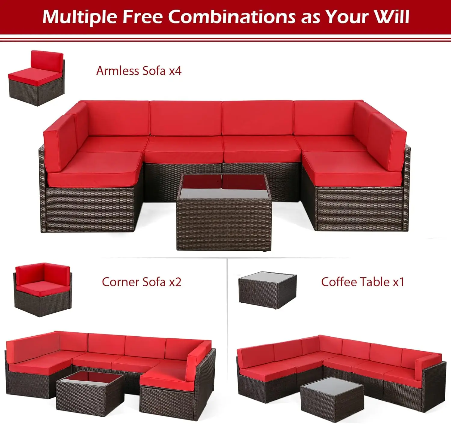 U-MAX Outdoor Sectional Furniture Chair Set with Cushions and Coffee Table,Patio PE Rattan Wicker Sofa, 7 Piece