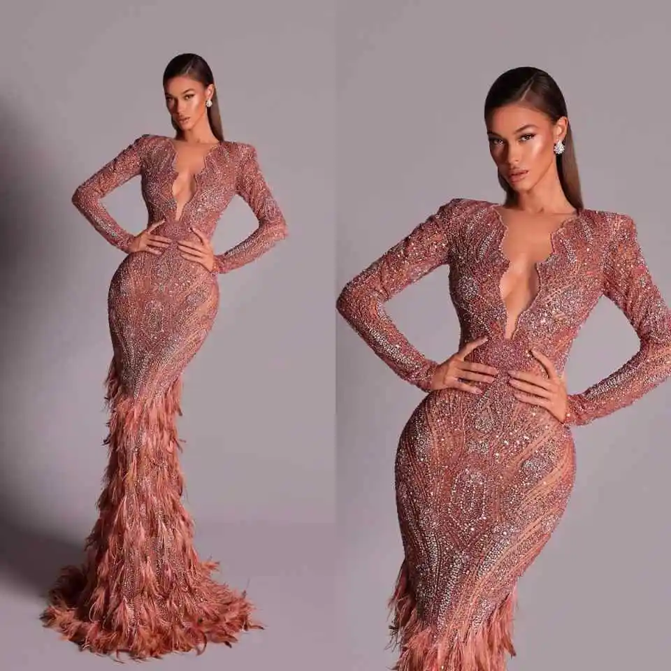 

Gorgeous Deep V Neck Prom Dresses Luxury Sequined Beaded Long Sleeve Evening Dress Feathers Floor Length Party Gown Customized