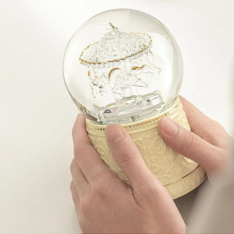 Ceramics Merry-Go-Round Snowflake Crystal Ball Music Box Handicraft Desktop Ornament Birthday Gift Living Room Home Decoration