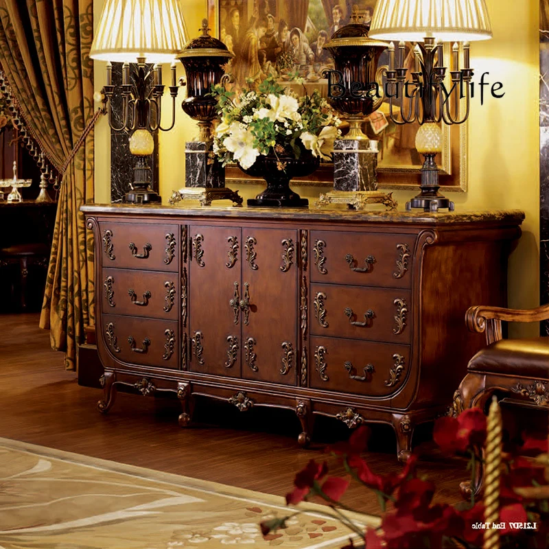 

Обеденный край из цельного дерева в европейском стиле, мраморный чайный шкаф, дизайн с резьбой, весь шкаф для хранения, бытовая золотая живопись