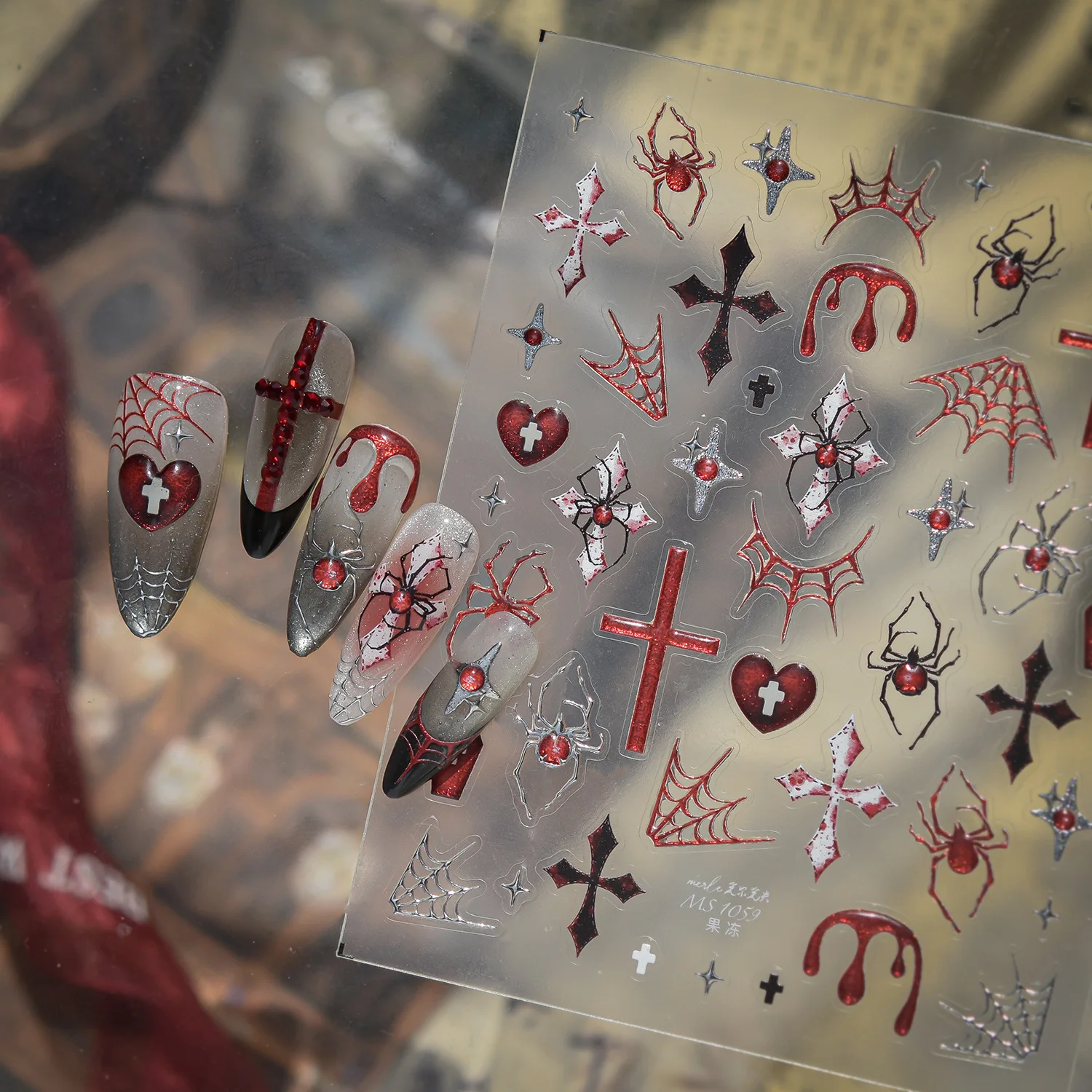 Dark Red Cross Spider Blood Drip Texture Cobweb Heart Coffin Devil Horn Star 5D Nail Stickers Gothic Self Adhesive Decals DIY