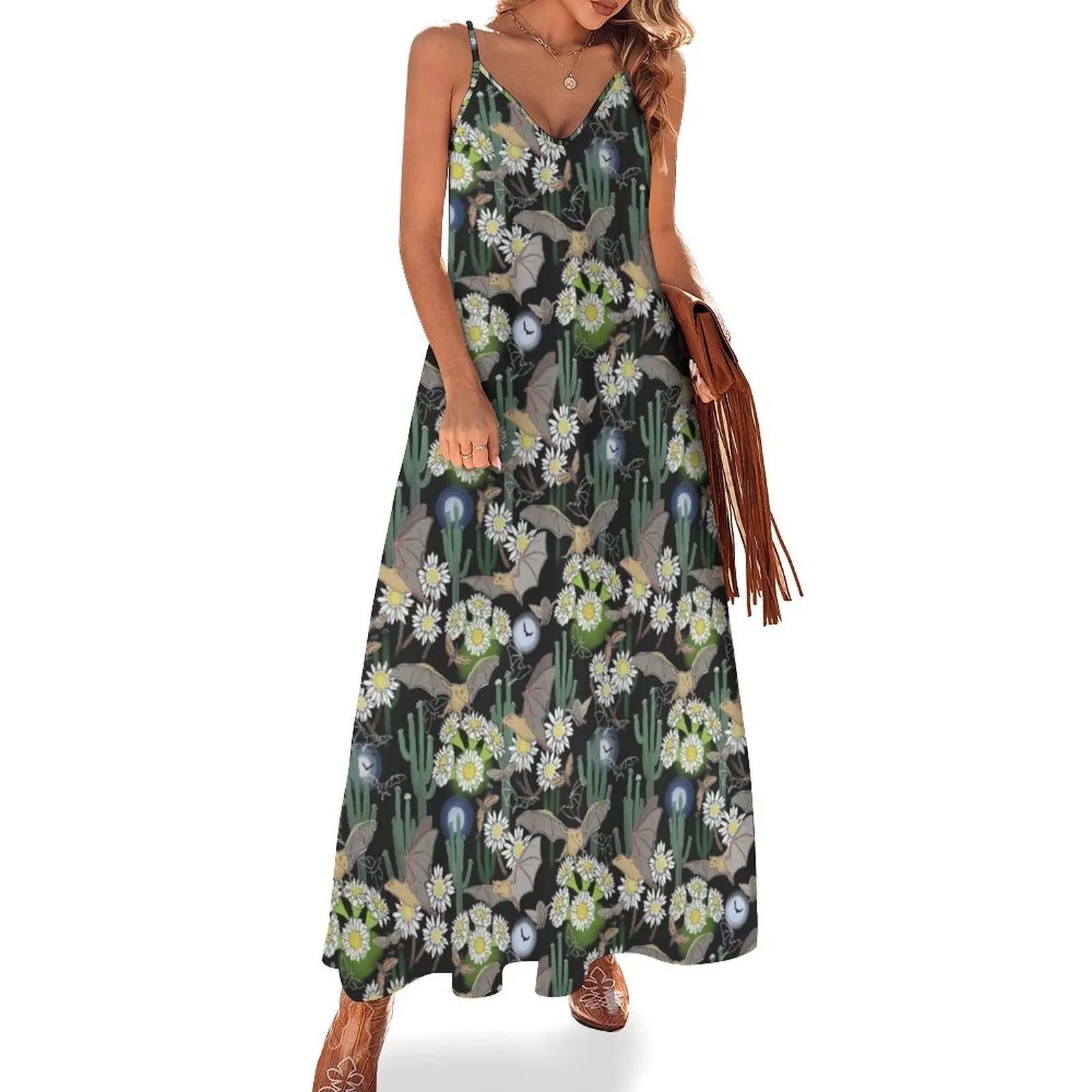 

Bats, Moths and Cactus Flowers in Desert Moonlight Sleeveless Long Dress beach outfits for women Women's summer long dress Dress