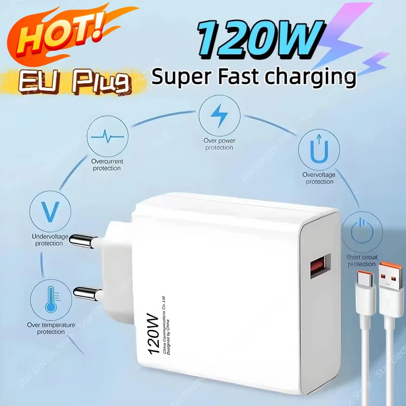 120W EU Plug Ultra Fast Charger 67W 55W 33W Rapid Charging Adapter QC 5.0 6A Type C Cable For iPhone Huawei Samsung 2026 New