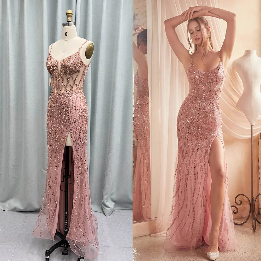 YQLNNE Rose Gold Pearls Beaded High Slit Prom Dresses Spaghetti Long Mermaid Formal Gowns