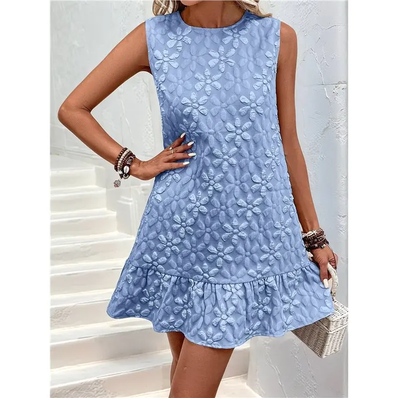 Robe d'été sans manches à volants pour femme CYL, col rond, décontractée, ourlet jacquard, smock, mini-robe