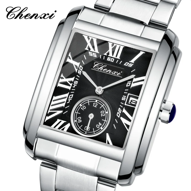 CHENXI 8216 Watches for Man Fashion Business Simple Quartz Watch Silvery Stainless Steel Strap Square Wristwatches for Male Gift