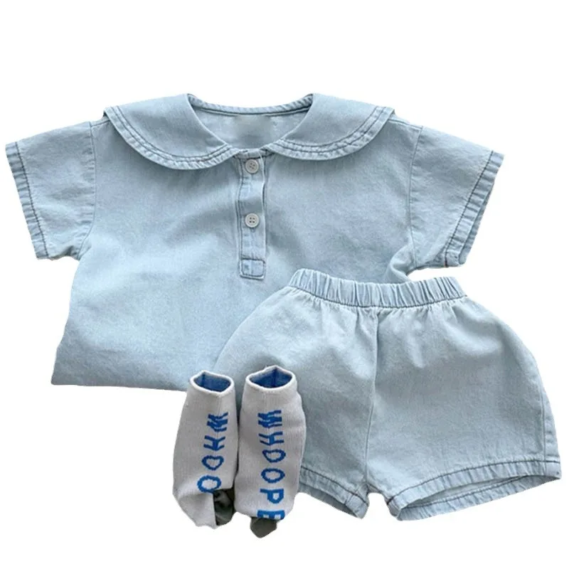 Summer Korean Style Boys and Girls Children\'s Sets, Ins Fashion Two-Piece with Loose Collar and Casual Denim