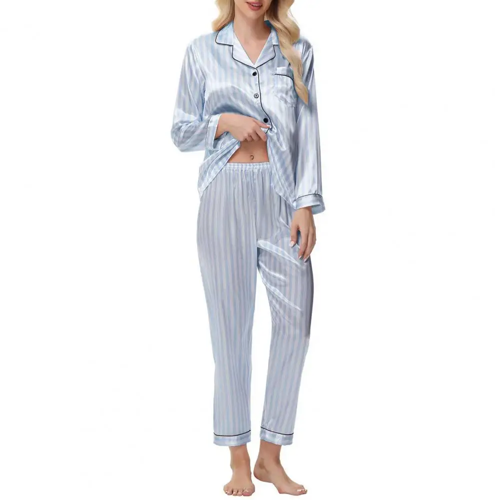 Women Satin Pajama Set Luxurious Silk Satin Pajama Sets for Button Down Tops Pants Striped Sleep Shirt