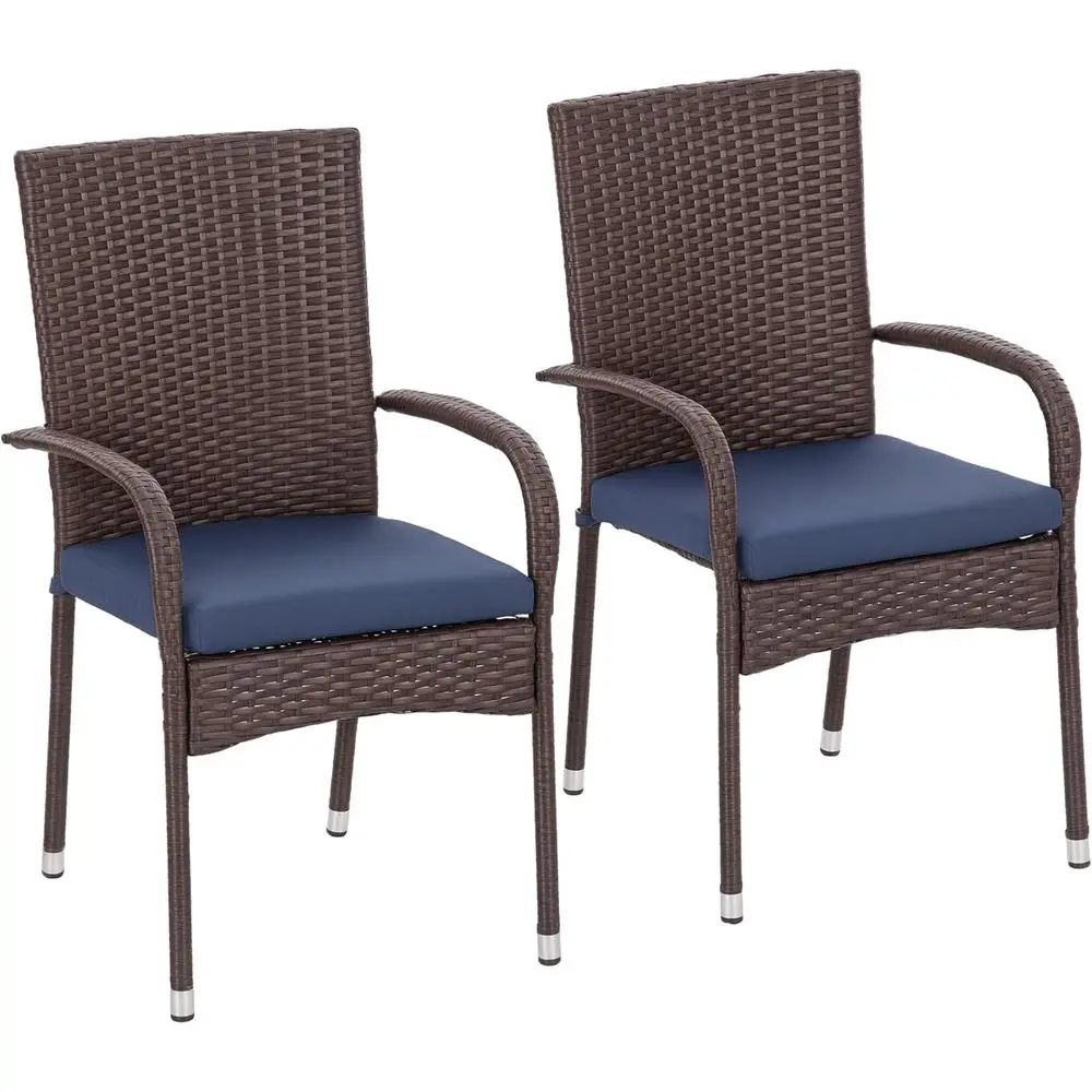 

Stackable PE Rattan Outdoor Dining Chairs with Cushions, Set of 2 Patio Wicker Dining Chairs with Armrests and Backrest for Pati