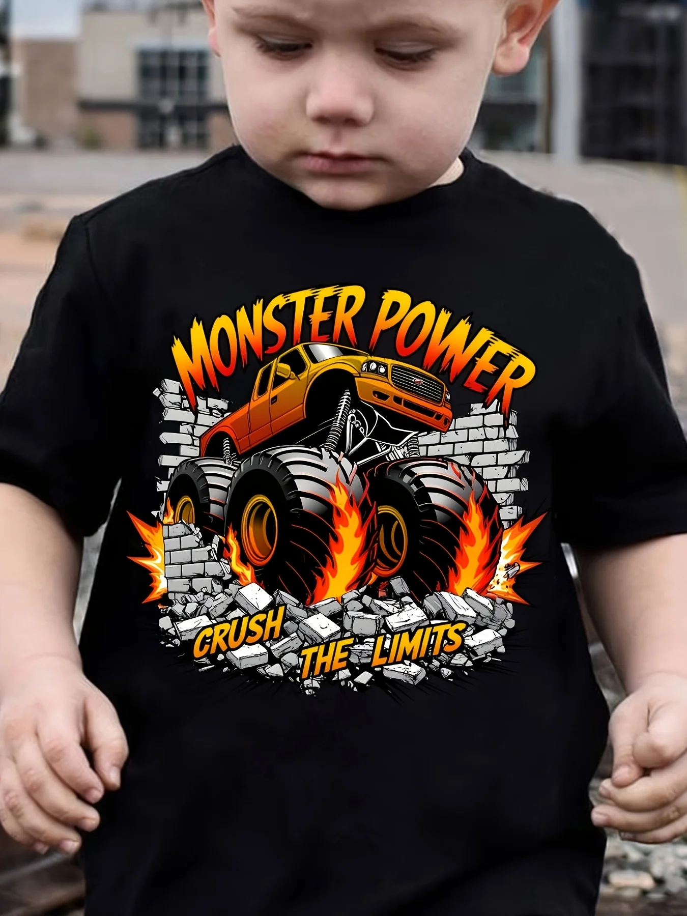 Flame Monster Truck Break Wall Power Slogan Print Family Matching Cottn Tees Short Sleeve Tops For Mom Dad Boys Girls Daily Wear