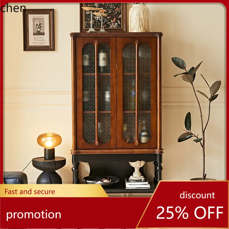 

HT Vintage Style Solid Wood Side Cabinet Retro Style Integrated Storage Begonia Glass Cabinet Door Display Wine Cabinet