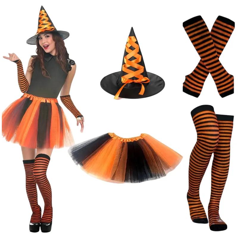 Women Halloween Witch Outfit Set Black Purple Tulle Skirt Hat Stockings Kit Halloween Carnival Club Night Cosplay Costume